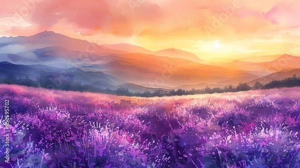 Fototapeta Purple lavender field at sunset with mountains in the background.