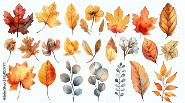Fototapeta Hand-painted watercolor autumn leaves and branches collection, perfect for fall designs.