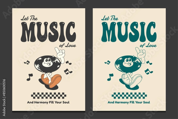 Obraz retro 70s poster or graphic t-shirt design with vinyl record mascot cartoon character, vector illustration