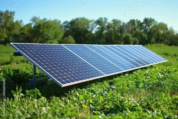 Obraz Solar Panel Array in a Field of Green Grass with a Clear Blue Sky in the Background