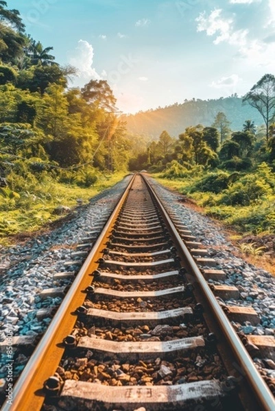 Fototapeta Railway tracks silhouette against stunning sunset sky for captivating scenic view
