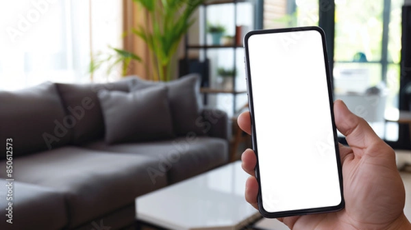 Fototapeta person holding a mobile phone with blank screen while lying on the sofa in home interior