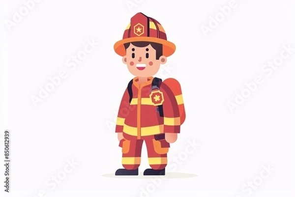 Fototapeta Brave 64-Bit Firefighter - Adorable Character in Flat Design on White Background