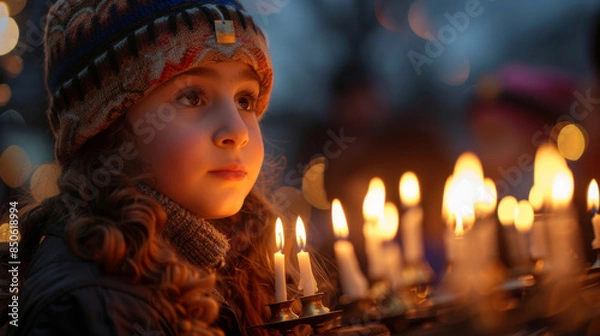 Fototapeta A child in warm clothing gazing at candles during a night vigil, with soft glowing lights in the background.