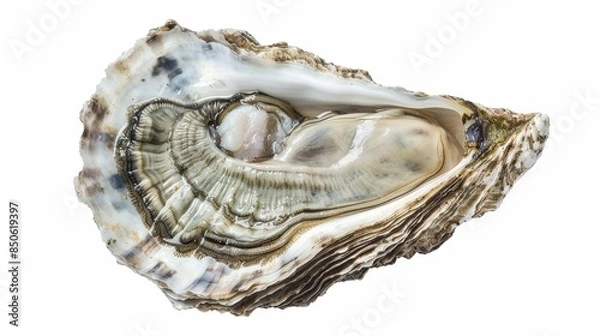 Fototapeta Fresh oyster shell brimming with potential on a white backdrop. Rich in protein and nutrients, this seafood delicacy is a healthy and delicious choice