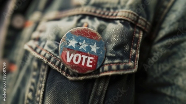 Obraz Vintage Voting Button on Distressed Denim Jacket