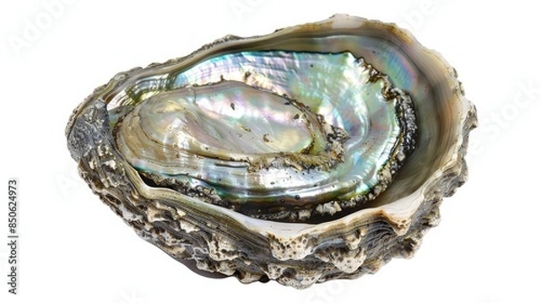 Obraz Iridescent abalone shell, empty and shimmering with mother of pearl textures, set against a pristine white background. Ideal for seafood-themed designs