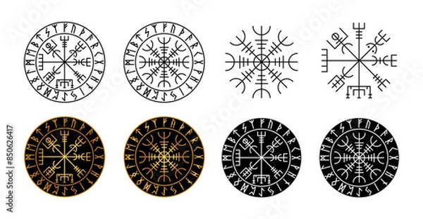 Fototapeta Ancient runic symbols. Viking Compass or Compass Vegvisir and  Helm of Awe or Helm of Terror in different design variation.
