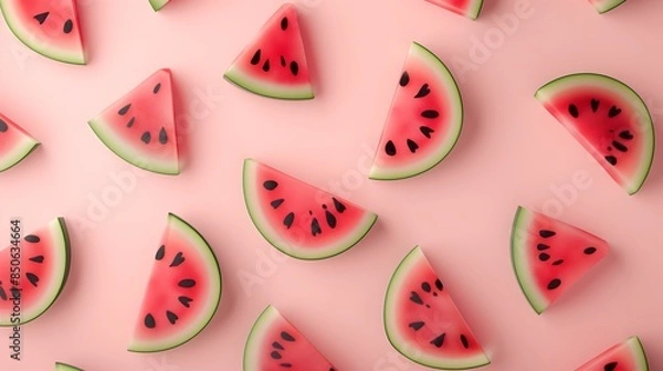 Fototapeta Watermelon Slices Arranged on a Pink Background, Highlighting Their Juicy Red Texture