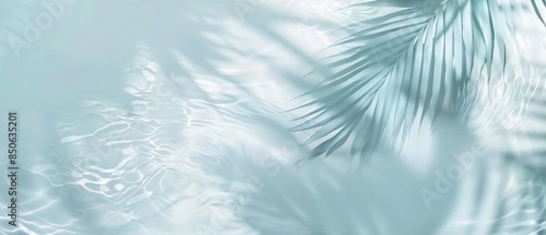 Fototapeta Elegant minimalist background concept featuring close-up water surface with gentle ripples and subtle blurred palm leaf shadows on the beach, evoking a peaceful, natural and pure atmosphere.