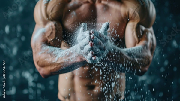 Fototapeta A fit man claps his hands covered in powder before starting his workout at the gym.