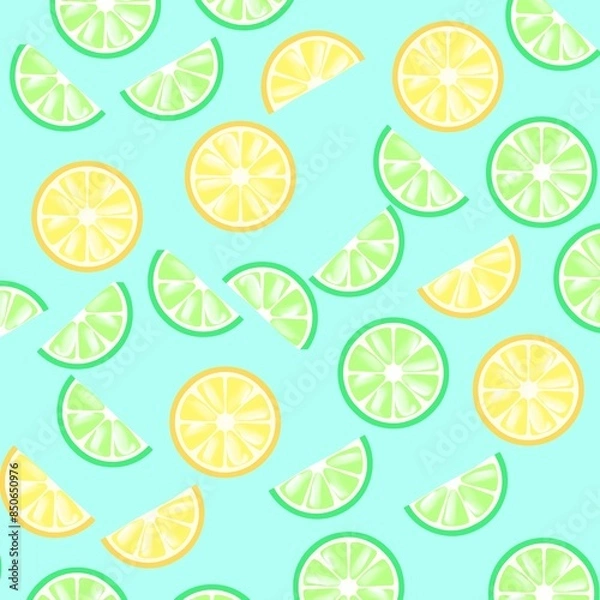Fototapeta seamless pattern with lemons, lime slices of citrus, lemon fruit illustration