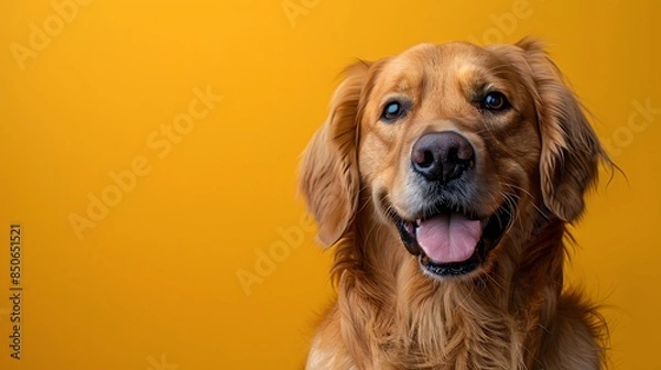 Fototapeta Happy golden retriever dog with a joyful expression on its face, isolated on a vibrant yellow background.