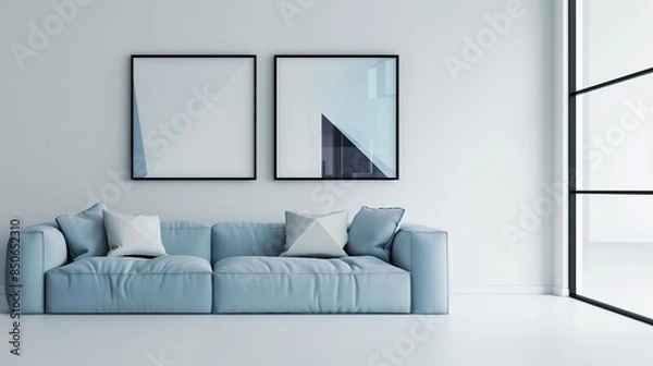 Obraz A minimalist living room with PANTONE Blue Opal sofa, white walls, a large rectangular window with black frame, and a series of modern geometric paintings on the sofa side wall