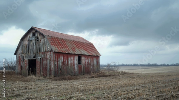 Fototapeta An old barn with faded red wood and rusty metal roof stands alone in a field on a cloudy spring day.
