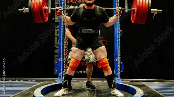 Obraz male athlete starting for squat with barbell powerlifting competition