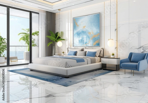 Fototapeta Modern style bedroom, white marble floor tiles with gray veins and light blue color decorative paintings on the wall. Created with Ai