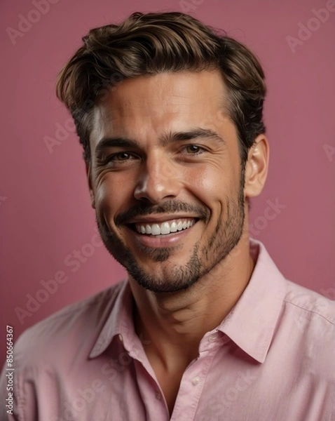 Fototapeta pink background studio portrait of smiling handsome guy model with clear smooth skin and white teeth