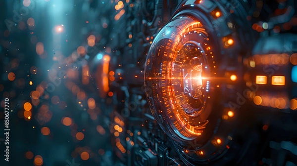 Fototapeta Futuristic digital interface with glowing orange and blue lights, symbolizing advanced technology and data processing. Ideal for tech presentations, digital innovation, and cyberpunk themes.