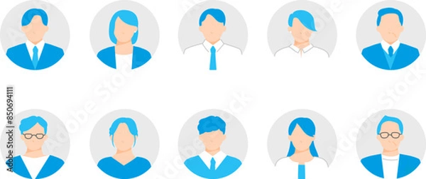 Obraz 企業で働く様々な年代の男性や女性のアイコンセット。丸背景