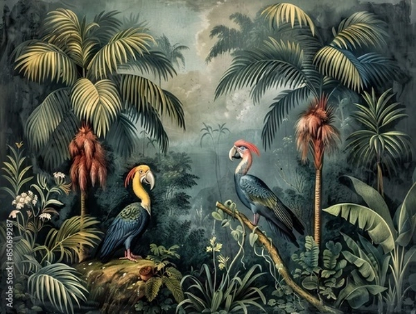 Fototapeta Illustration of tropical wallpaper print design with palm banana leaves and exotic birds on canvas texture. Tropical plants and birds on textured background. AI generated illustration