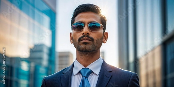 Fototapeta indian man in a suit and tie is standing in front of a glass building. He has dark hair and is wearing sunglasses.