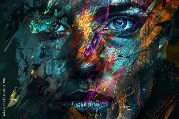 Fototapeta Closeup of an artistic, vividly painted face focusing on a clear blue eye