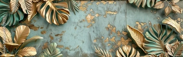 Fototapeta Creative nature gold layout made of tropical leaves. Summer concept. Fern Palm and monstera leaf on wall textures. AI generated illustration
