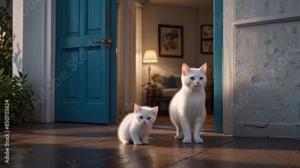 Fototapeta A collection of cats and their typical companions, a dog and a mouse