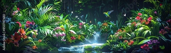 Obraz Dark rainforest sun rays through the trees and birds digital illustration. AI generated illustration.