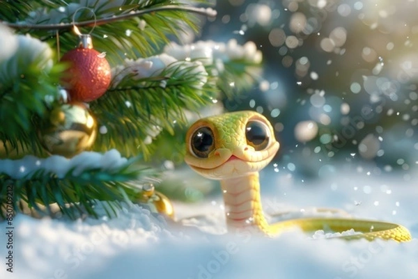 Fototapeta A charmingly stylized snake with sparkling eyes emerges from a wintry scene