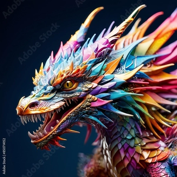 Obraz a colorful dragon head with ambient occlusio style on isolated on dark background