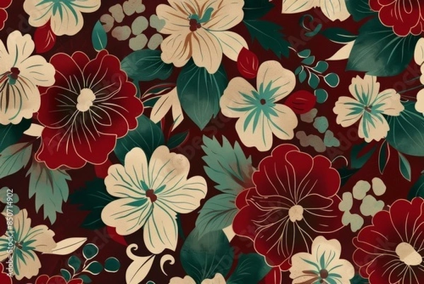 Obraz An old style floral and paisley pattern in the style of ancient persian art in blue and red colors.