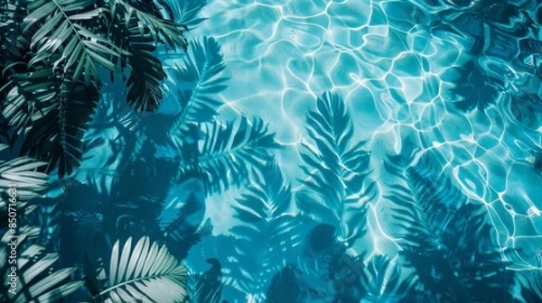 Fototapeta Top view of bold tropical leaf shadows on a serene, deep blue water surface, evoking a sense of relaxation and tranquility