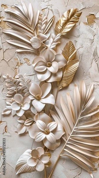 Fototapeta Gold floral plants and palm leaves Wallpaper Mural, 3d illustration, grey background, abstract tropical leaves, banana leaves with 3d lines. AI generated illustration