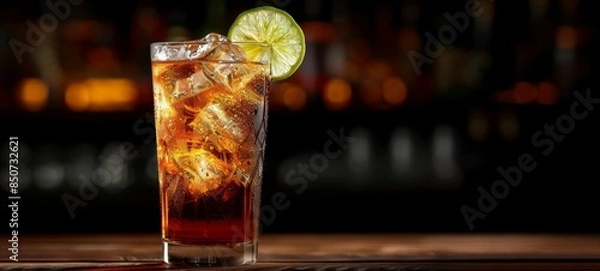 Fototapeta Food photography of Fresh Cocktail Dark N Stormy with dark background side view texture. Dark N Stormy Cocktail in restaurant postcard image texture banner postcard horizontal.