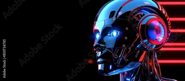Fototapeta Illustration of a robot head with glowing red lines on a black background