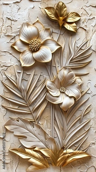 Fototapeta Gold floral plants and palm leaves Wallpaper Mural, 3d illustration, grey background, abstract tropical leaves, banana leaves with 3d lines. AI generated illustration