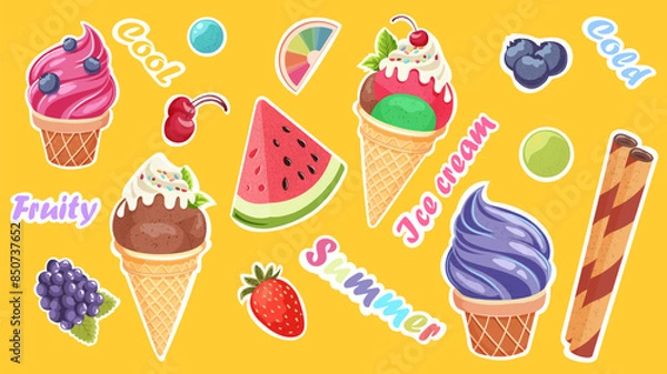 Obraz Set of bright summer stickers ice cream, fruits. Stickers for print, web design or messenger. Vector graphics.