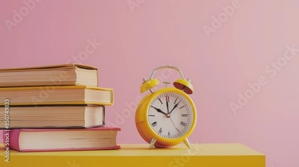 Fototapeta ellow alarm clock and books on table against pink background with copy space for text.