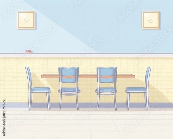 Fototapeta Cozy pastel-colored cafe interior with blue chairs and minimalist decor, ideal for relaxation or casual meetings.