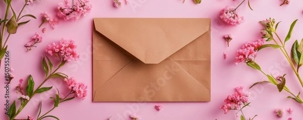 Fototapeta Elegant envelope and blooms close-up shot on pastel backdrop, with ample space for copy or designs.