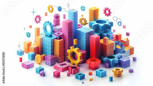 Fototapeta Digital Art: 3D Flat Icon of Glossy Planning Fractals Symbolizing Complexity and Innovation in Production Planning Technology   Cartoon Style