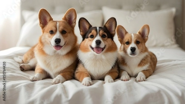 Fototapeta コーギー三兄弟の微笑み