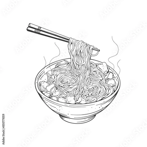 Fototapeta Bowl noodles and chopsticks sketch. Noodle bowl collection. Ramen. Asian food. Chinese, Korean, Japanese cuisine. Hand drawn vector illustration.