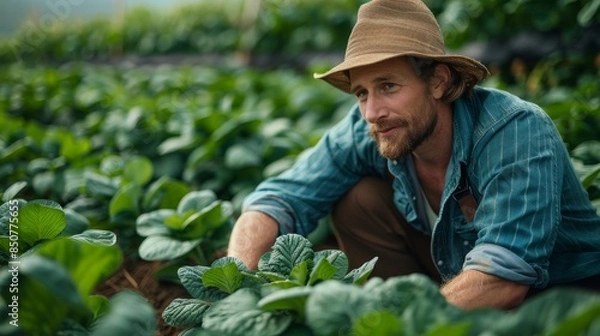 Fototapeta A focused farmer with his face obscured is meticulously inspecting tobacco plants in a lush green field, wearing a hat for sun protection