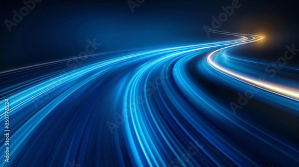 Fototapeta Modern abstract high-speed movement. Dynamic motion light trails on dark blue background. Futuristic, technology pattern for banner or poster design background concept