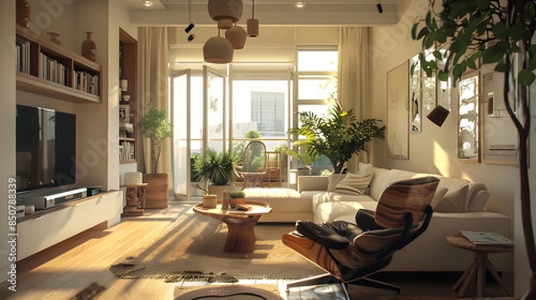 Fototapeta A living room is typically a space in a house where residents can relax, socialize, and entertain guests. It usually includes comfortable seating such as sofas, chairs, and tables for holding drinks o