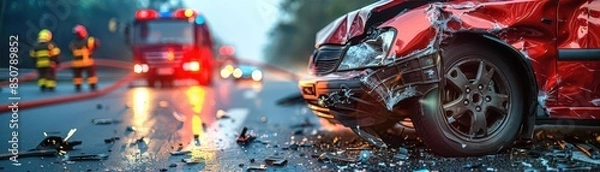 Fototapeta Wreckage of a car accident on a highway, fire and rescue teams in action, chaotic and urgent
