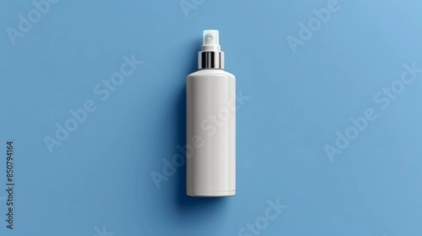 Fototapeta A vertically oriented white spray bottle on a serene blue background with a modern and clean aesthetic